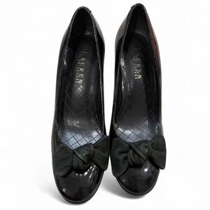 Ralph Lauren Black Patent Suede Bow Heels Pumps Size 6 Classic Elegant Shoes